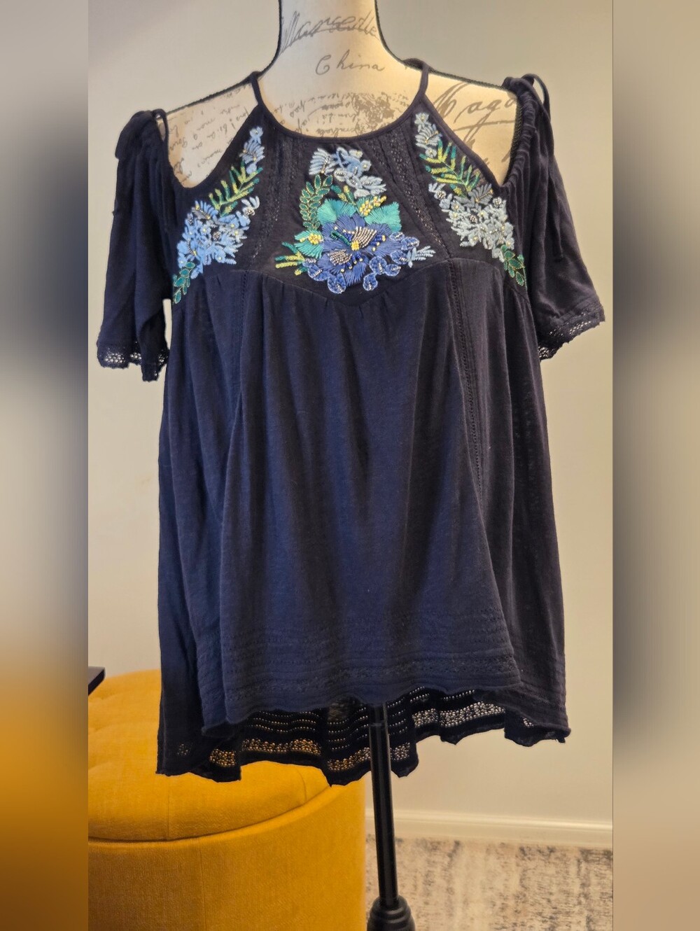 Free People Navy Blue  Cold-Shoulder Embroidered Top, Size S. - Picture 4 of 16